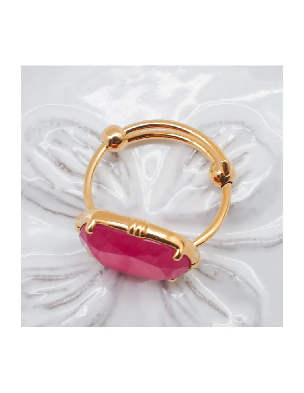 BAGUE OVALE PIERRE PLATE QUARTZ FRAISE