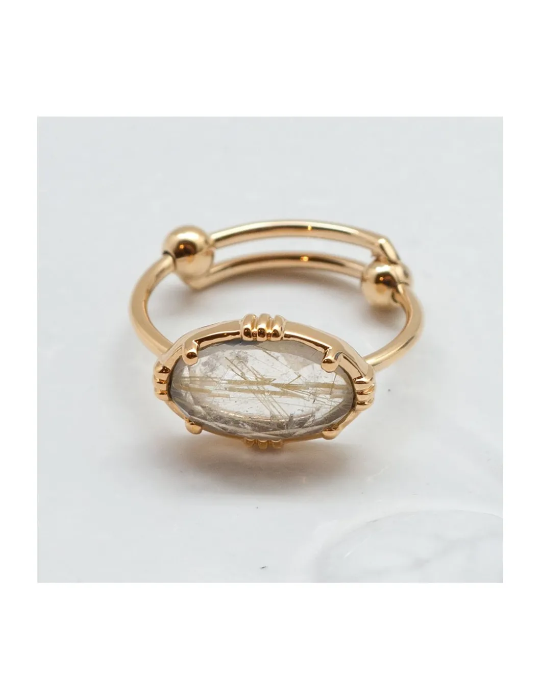 BAGUE PIERRE OVALE HORIZONTALE QUARTZ RUTILE OR