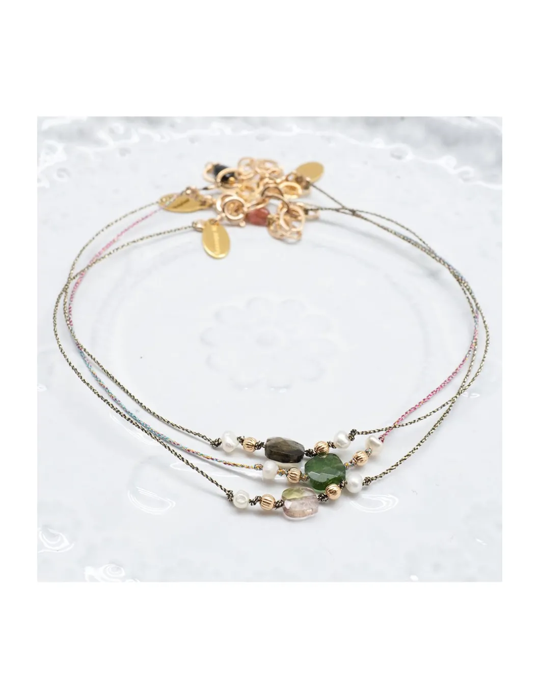 BIANCA - BRACELET DE CHEVILLE TOURMALINE (COULEUR AU CHOIX) ET PERLES DE CULTURE SUR CORDON LUREX