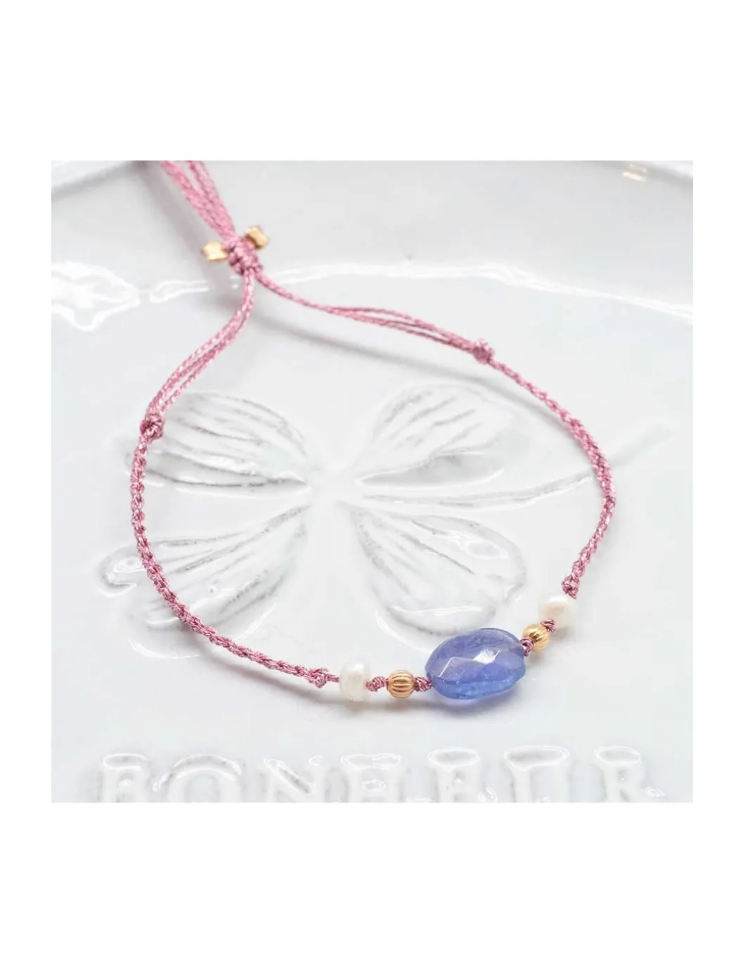 BIANCA - BRACELET TANZANITE OVALE ET PERLES D'EAU DOUCE SUR TRESSE LUREX