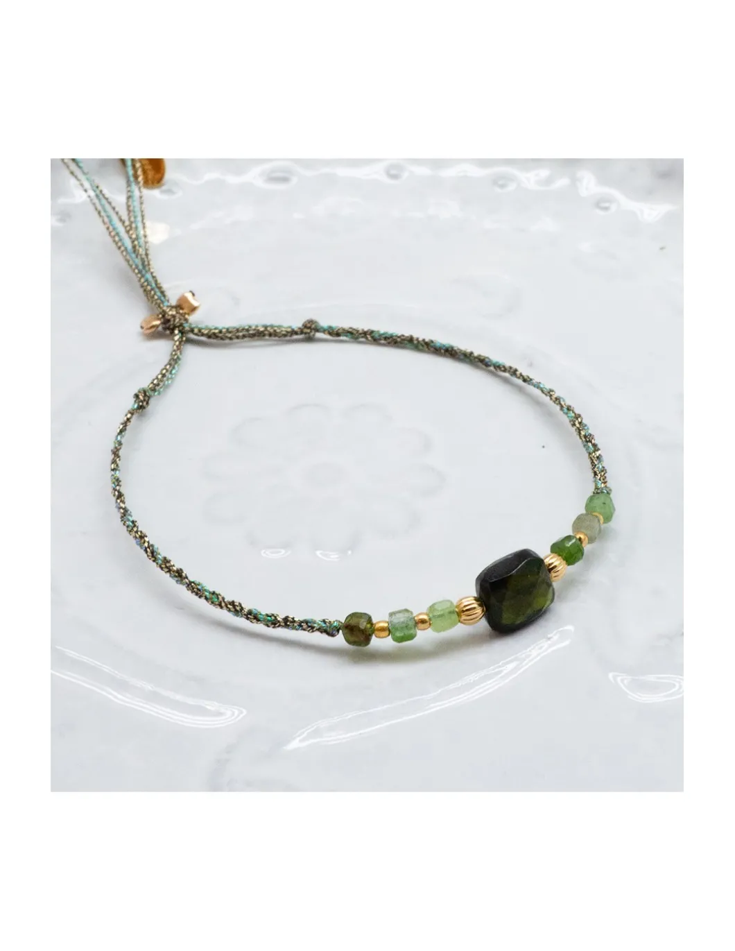 BIANCA - BRACELET TOURMALINE CARRÉE ET TOURMALINES VERTES SUR CORDON LUREX