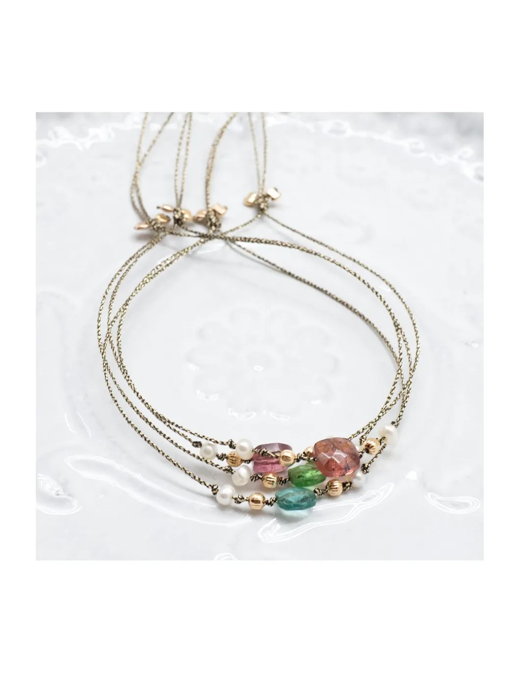 BIANCA - BRACELET TOURMALINE (COULEUR AU CHOIX) ET PERLES DE CULTURE SUR CORDON LUREX