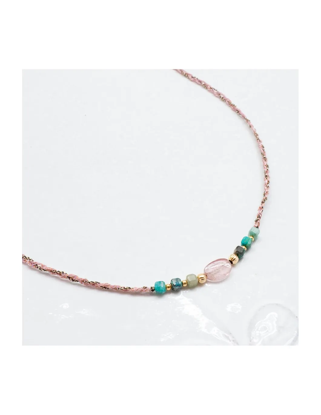 BIANCA - COLLIER TOURMALINE BICOLORE ET CHRYSOCOLLES CUBES SUR CORDON LUREX