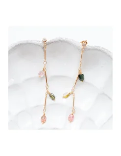 CANNES - BOUCLE D'OREILLE PUCE ZIRCON ET TOURMALINES PAMPILLES SUR CHAÎNE 3 MAILLONS
