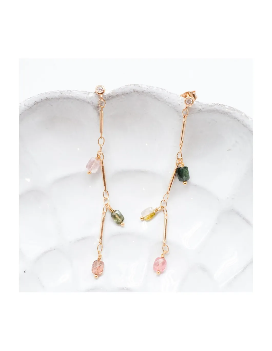 CANNES - BOUCLE D'OREILLE PUCE ZIRCON ET TOURMALINES PAMPILLES SUR CHAÎNE 3 MAILLONS