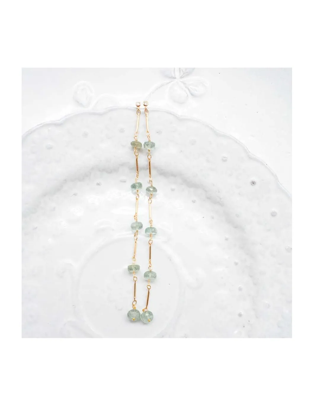 CANNES - BOUCLE D'OREILLE PUCE ZIRCON ET 5 AQUAMARINES ORAGE SUR CHAÎNE