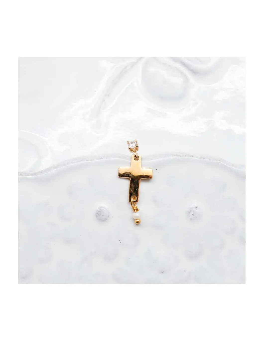 CANNES - BOUCLE D'OREILLE PUCE ZIRCON AVEC CROIX ET PERLE DE CULTURE