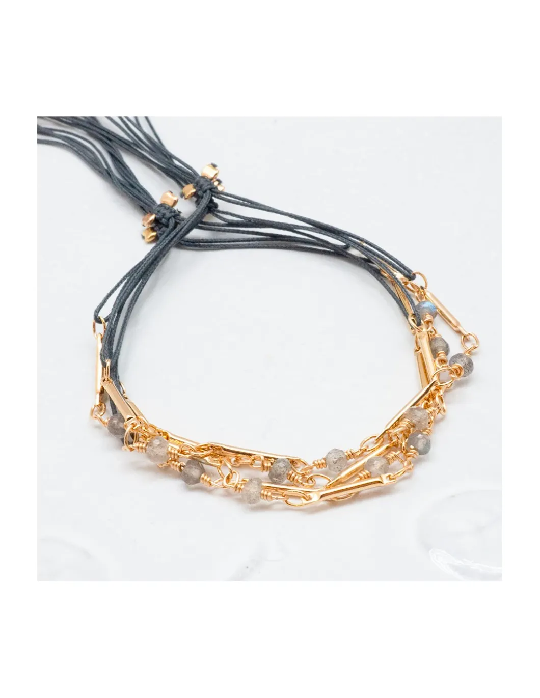 CANNES - BRACELET CHAÎNE PLAQUÉE OR ET 6 LABRADORITES SUR CORDON