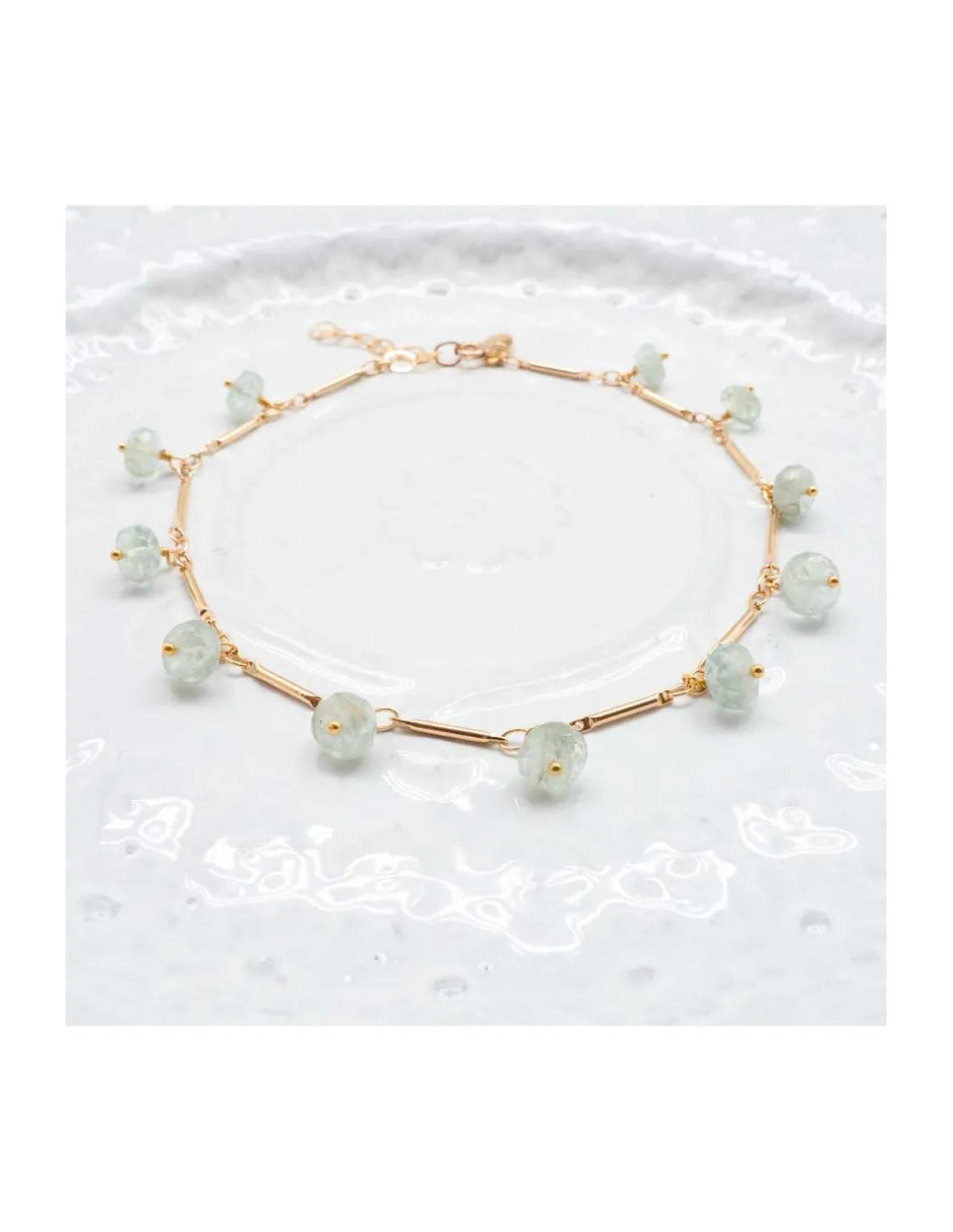 CANNES - BRACELET DE CHEVILLE CHAÎNE TUBES FINS ET AQUAMARINES ORAGE