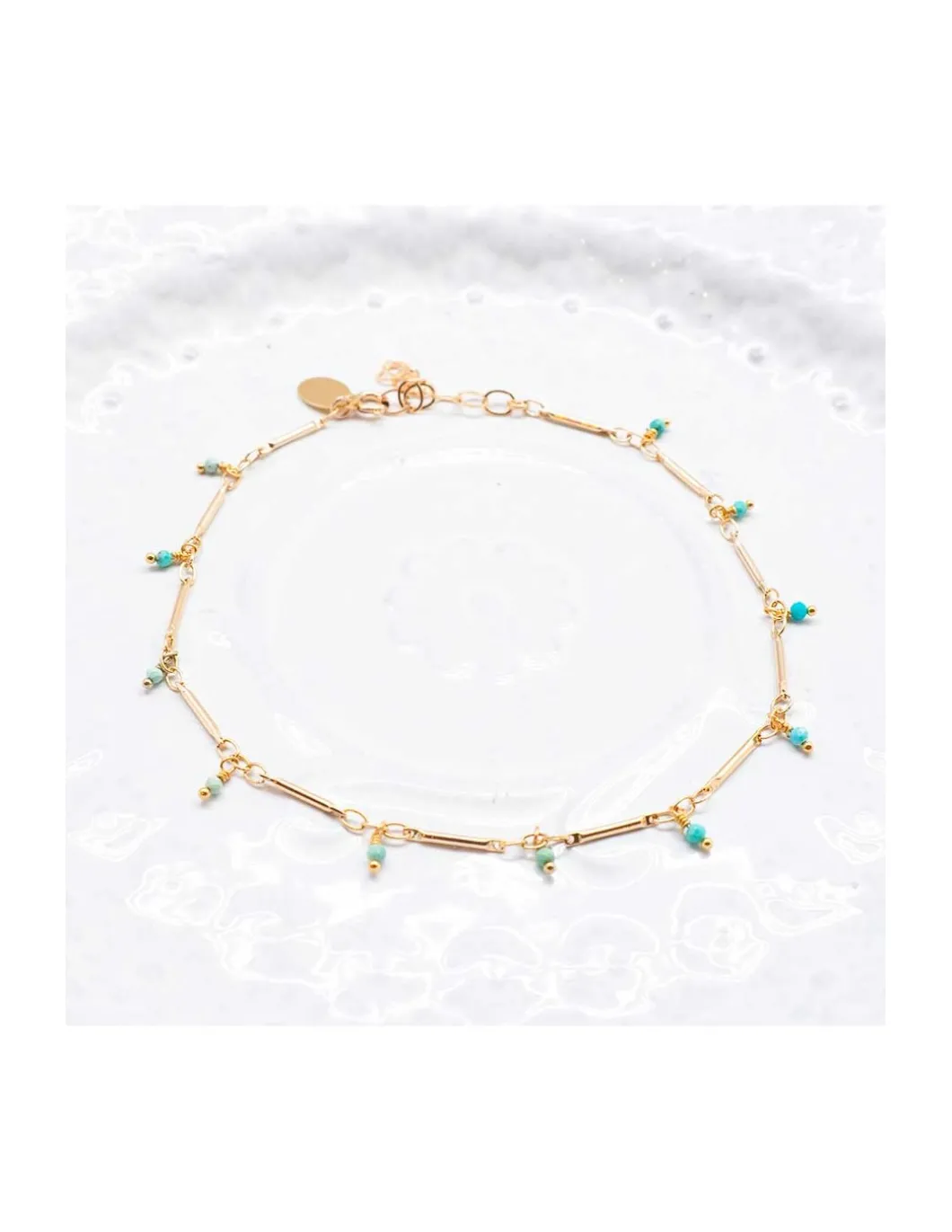 CANNES - BRACELET DE CHEVILLE CHAÎNE TUBES FINS ET TURQUOISES