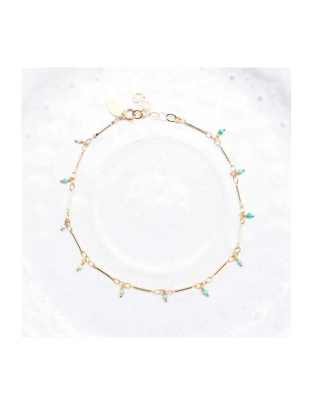 CANNES - BRACELET DE CHEVILLE CHAÎNE TUBES FINS ET TURQUOISES