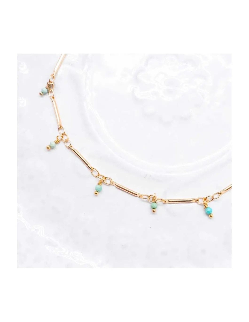 CANNES - BRACELET DE CHEVILLE CHAÎNE TUBES FINS ET TURQUOISES