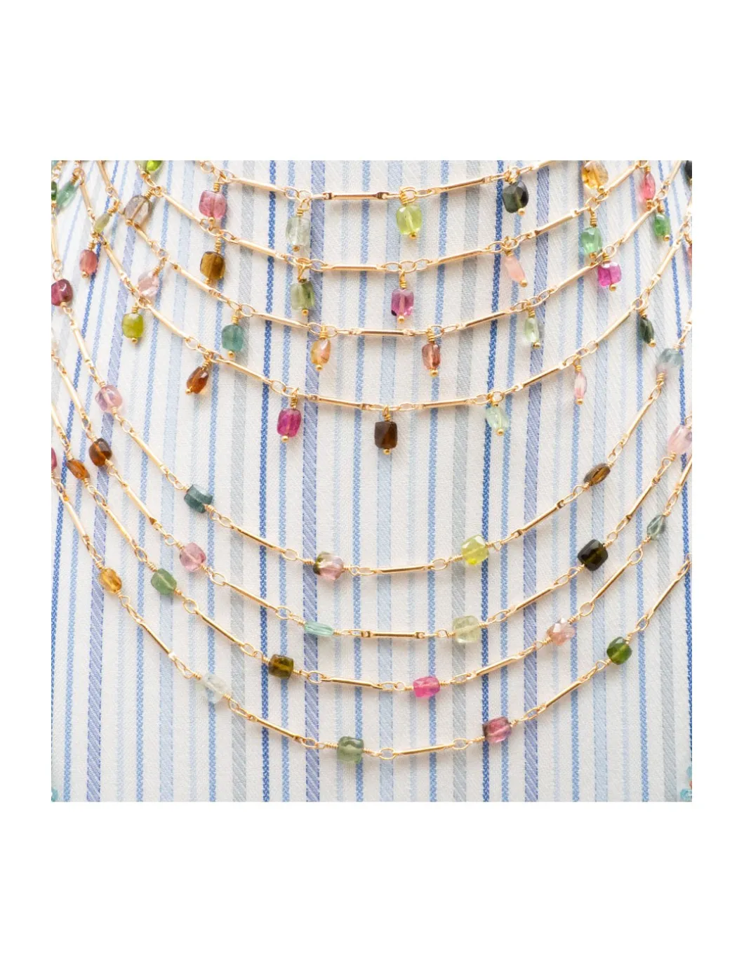 CANNES - COLLIER TOURMALINES CARRÉE SUR CHAÎNE TUBES FINS