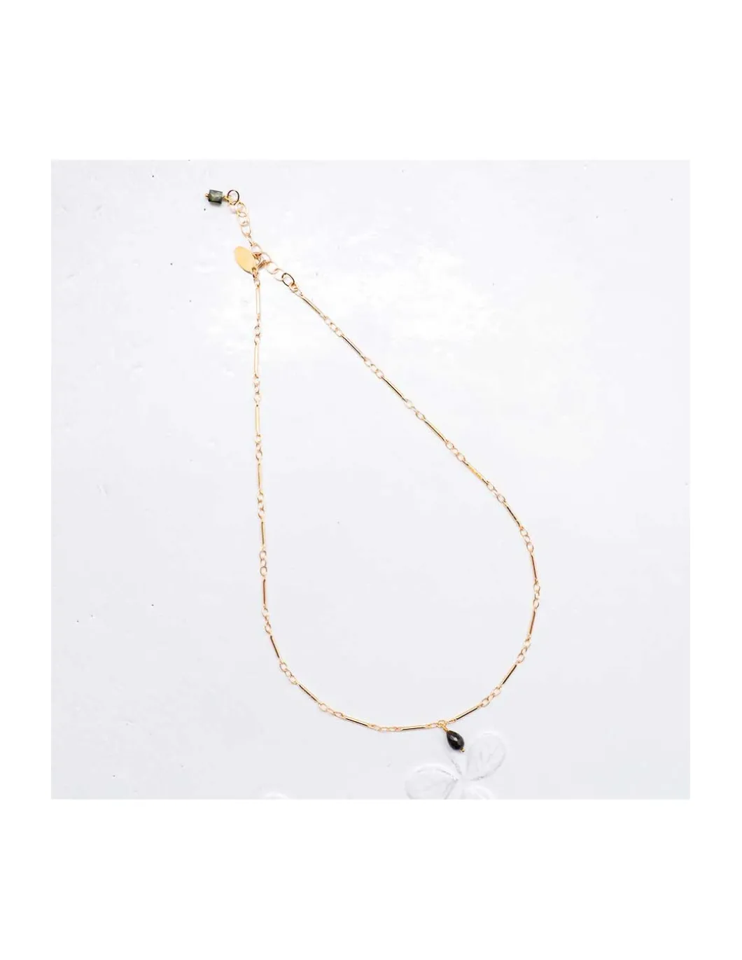 CANNES - COLLIER TOURMALINE GOUTTE SUR CHAÎNE TUBES FINS