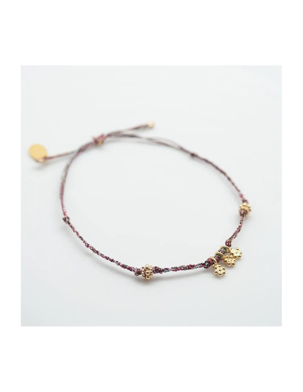 DAISY - BRACELET CORDONS LUREX, 3 FLEURS ET 2 TUBES FLEURS