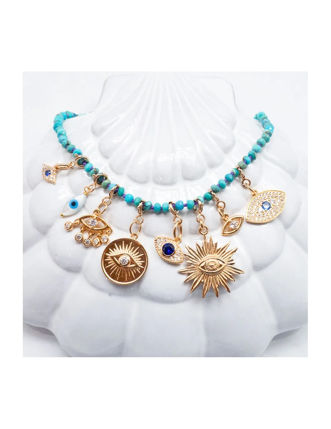 GIGI - COLLIER COURT TURQUOISES ET 8 CHARMS YEUX