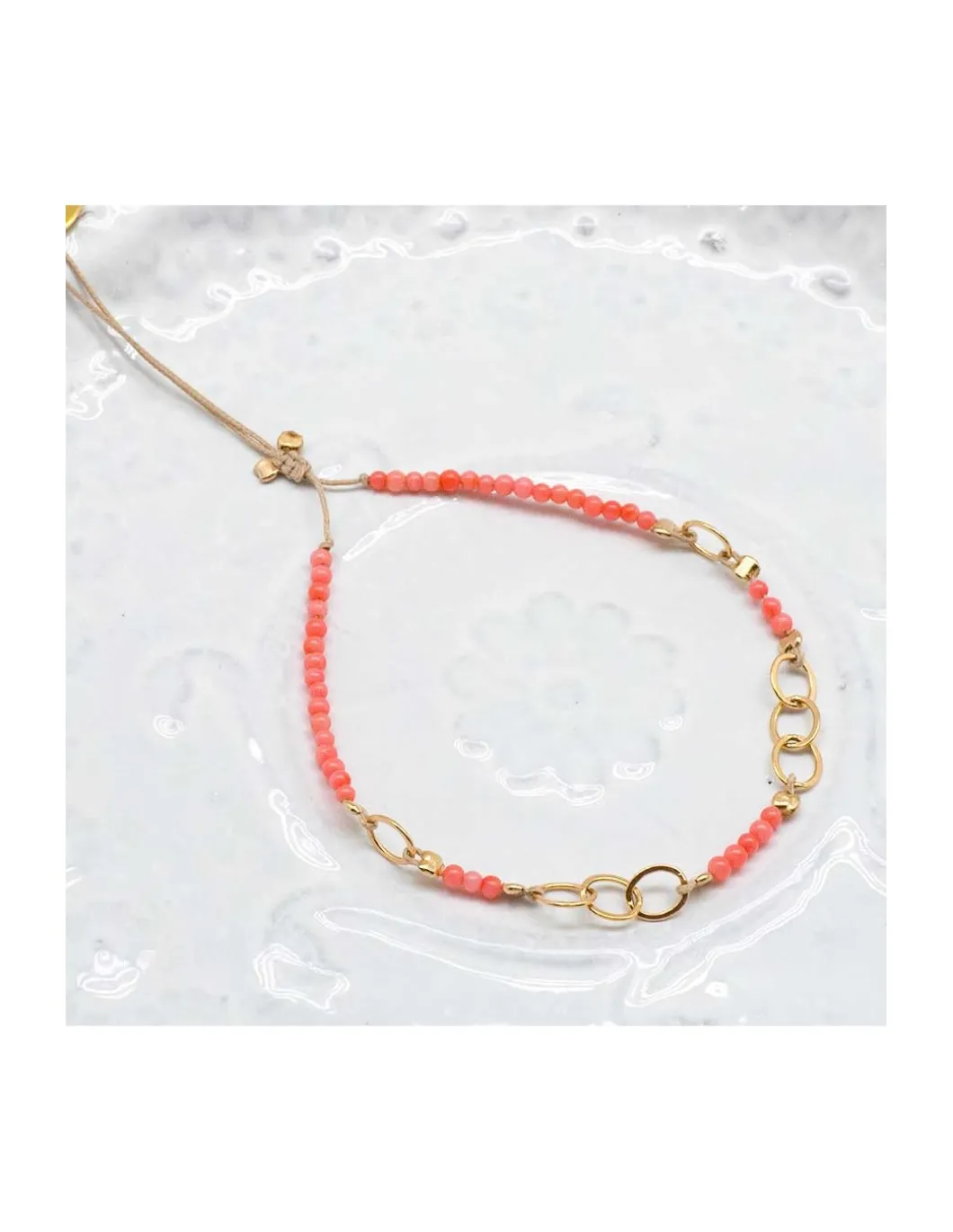 G-LINKS - BRACELET CORAIL BAMBOO ET CHAÎNE PLAQUÉE OR 8 MAILLONS OVALES
