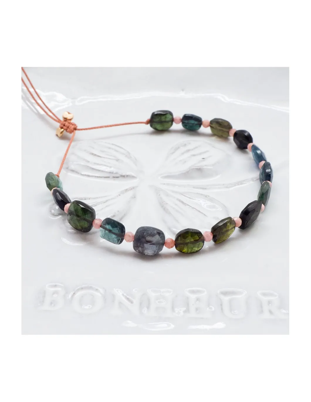 HOLLY TOURMALINES - BRACELET 15 TOURMALINES VERTES CARREES ET 14 RHODOCHROSITES