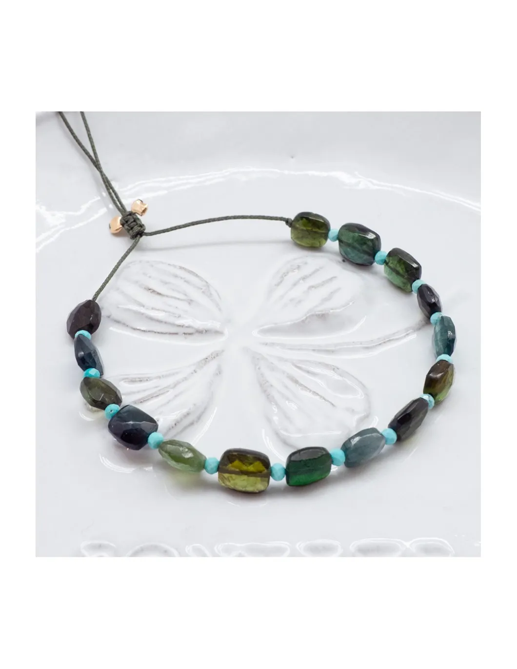 HOLLY TOURMALINES - BRACELET 15 TOURMALINES VERTES CARREES ET 14 TURQUOISES