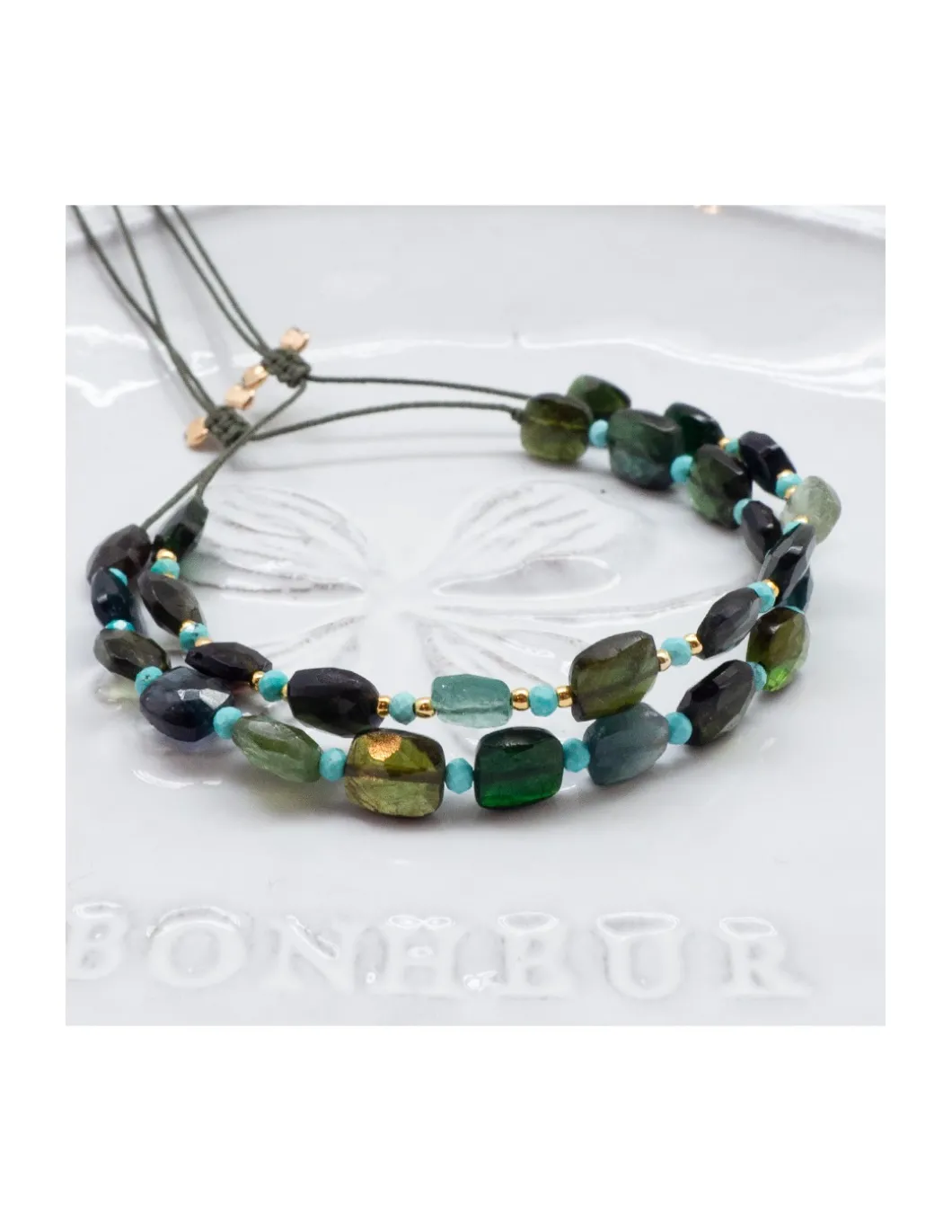 HOLLY TOURMALINES - BRACELET 15 TOURMALINES VERTES CARREES ET 14 TURQUOISES