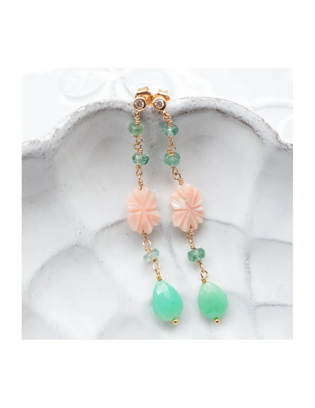 ISLAND GIRL - BOUCLE D'OREILLE CHRYSOPRASE, OPALE ROSE ET TOURMALINE VERTE