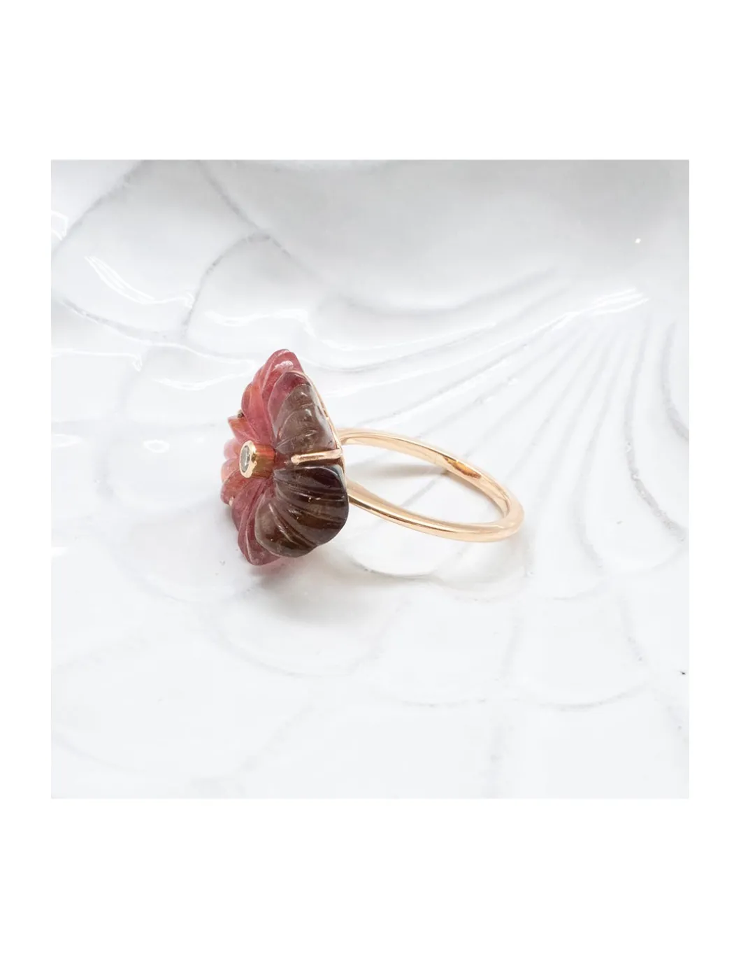 JOHRI - BAGUE GROSSE FLEUR EN OR ET TOURMALINE ROSE