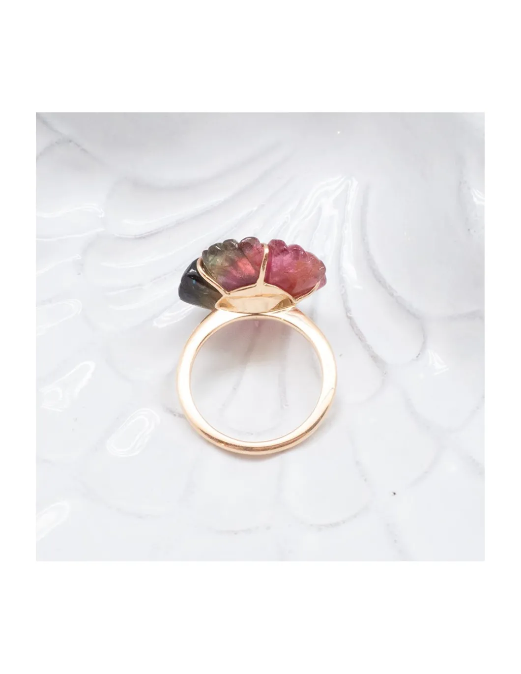 JOHRI - BAGUE GROSSE FLEUR EN OR ET TOURMALINE ROSE