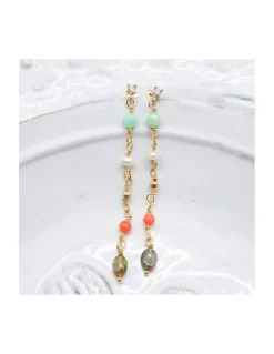 MARIA - BOUCLE D'OREILLE TOURMALINE, CORAIL BAMBOO, PERLE DE CULTURE ET CHRYSOPRASE