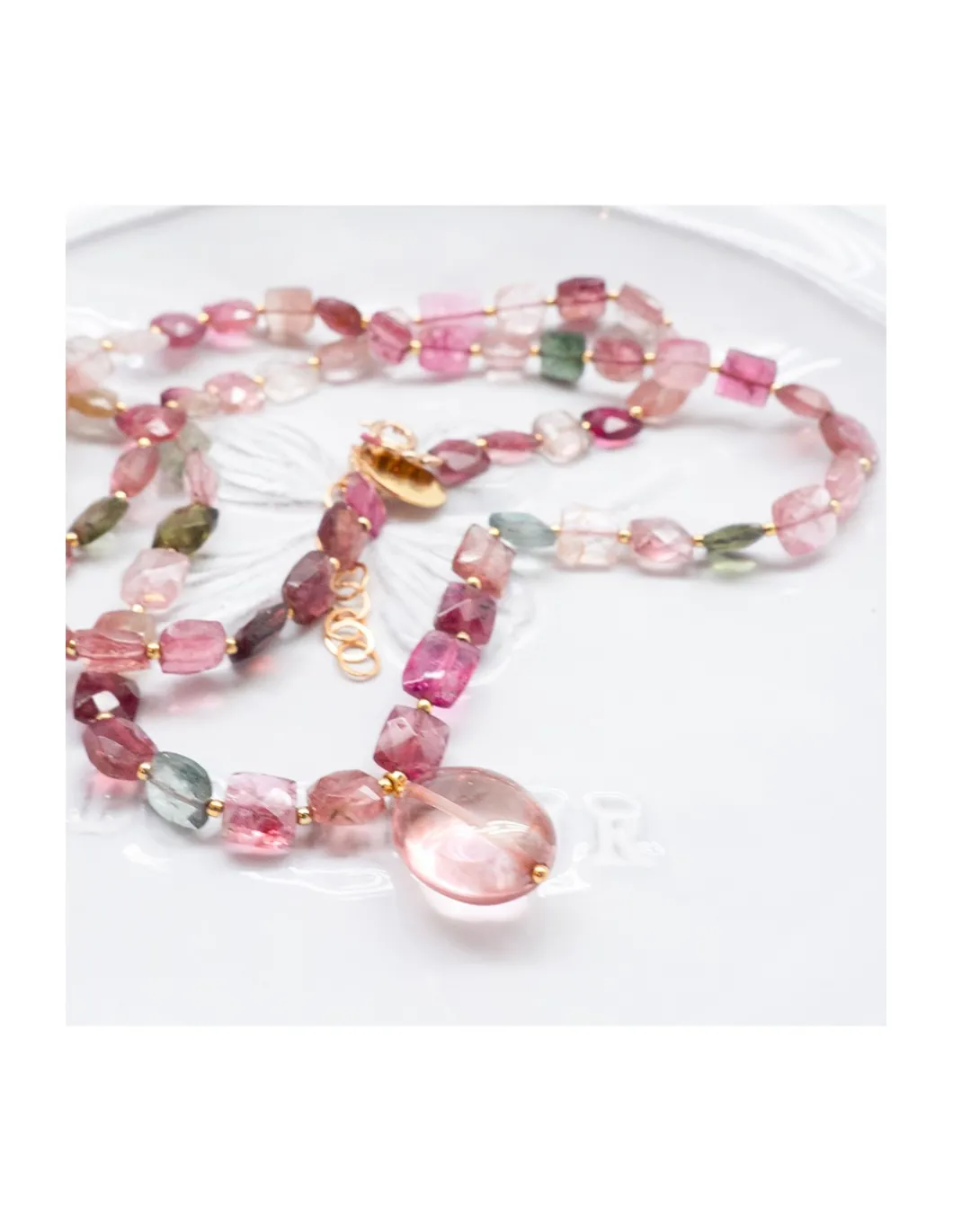 ONE OF A KIND - COLLIER FULL TOURMALINES CARRÉES + QUARTZ ROSE PAMPILLE