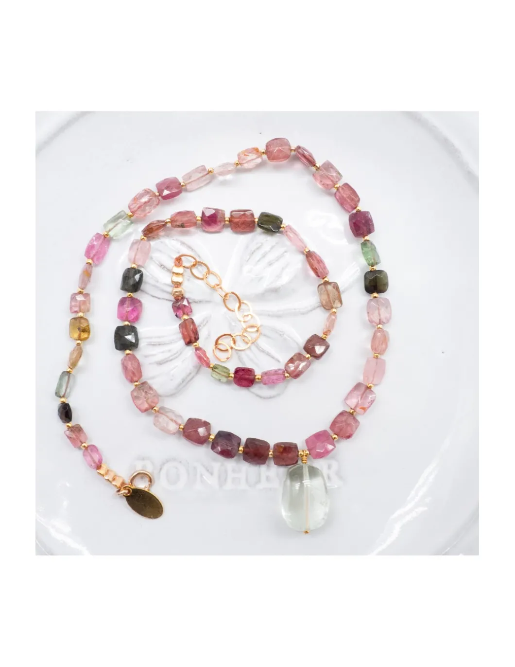 ONE OF A KIND - COLLIER FULL TOURMALINES CARRÉES + SMOOTH GREEN AMETHYSTE NUGGET EN PAMPILLE