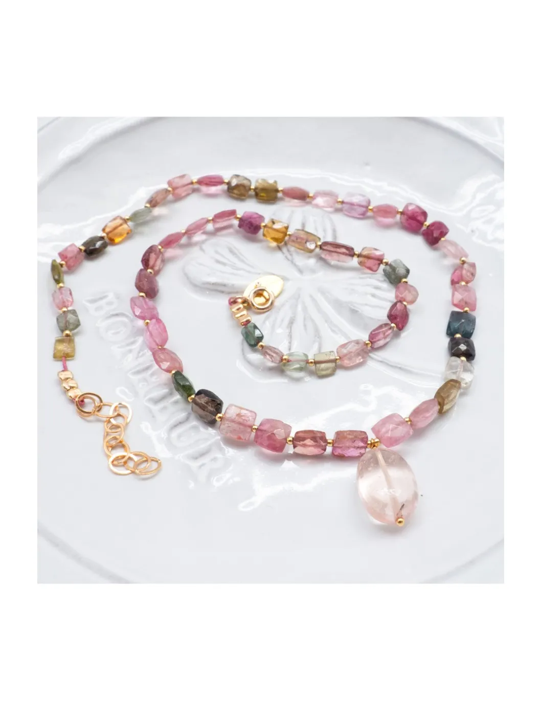 ONE OF A KIND - COLLIER FULL TOURMALINES CARRÉES + PEACH MORGANITE EN PAMPILLE