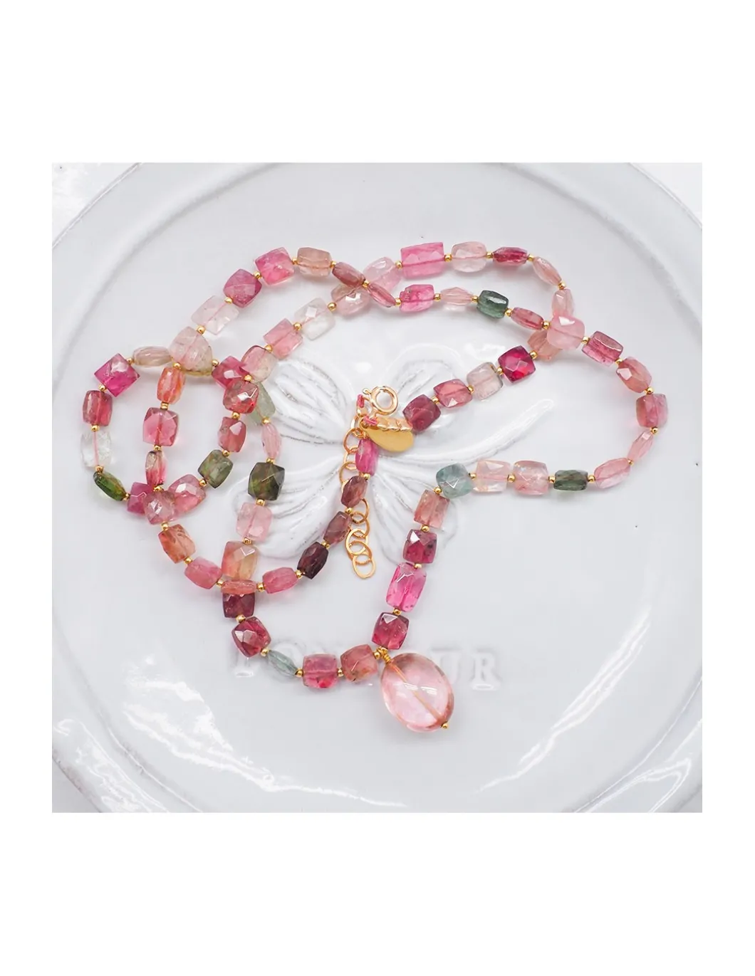 ONE OF A KIND - COLLIER FULL TOURMALINES CARRÉES + QUARTZ ROSE PAMPILLE