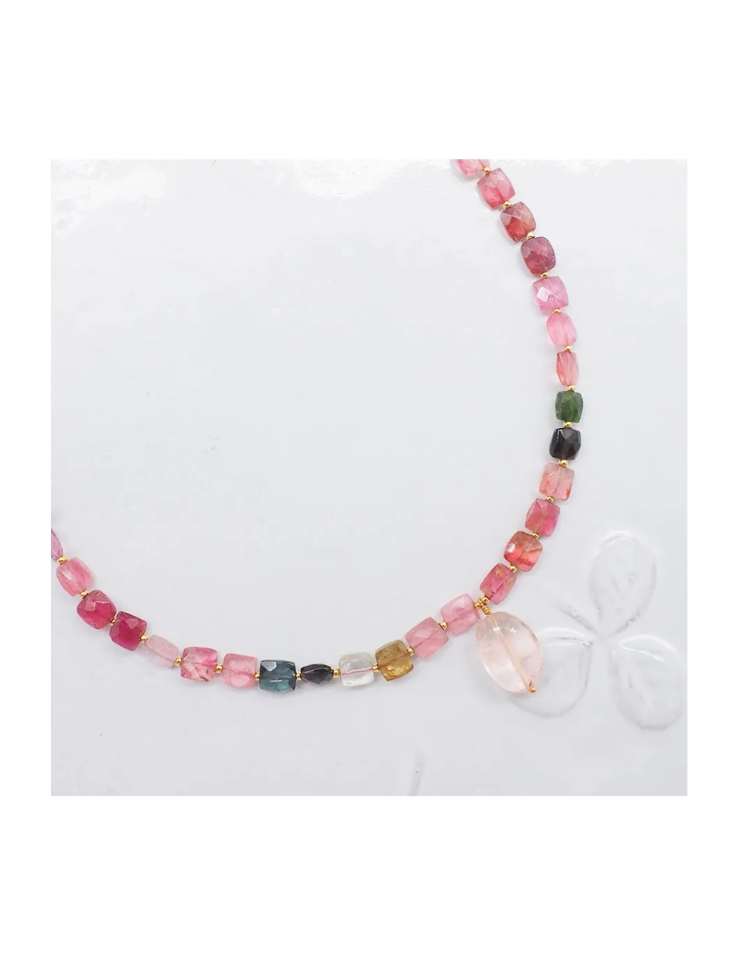 ONE OF A KIND - COLLIER FULL TOURMALINES CARRÉES + PEACH MORGANITE EN PAMPILLE