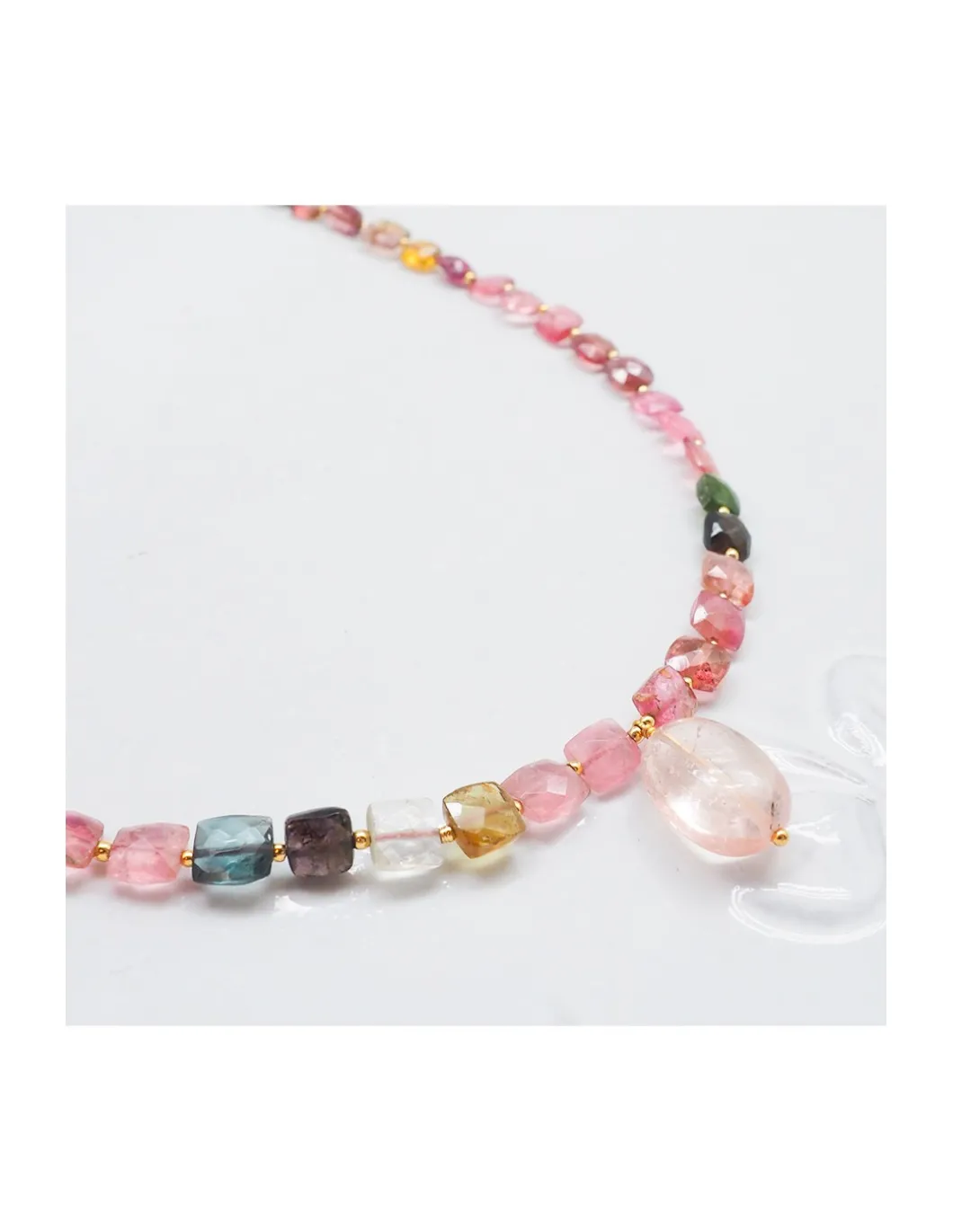 ONE OF A KIND - COLLIER FULL TOURMALINES CARRÉES + PEACH MORGANITE EN PAMPILLE