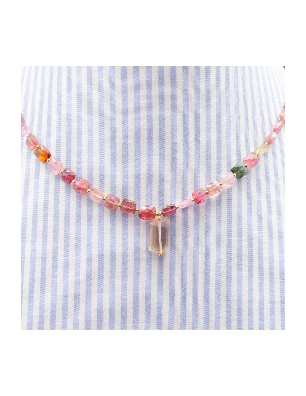 ONE OF A KIND - COLLIER 56 TOURMALINES CARRÉES 56 MINI PERLES DORÉES AVEC CITRINE CHAMPAGNE