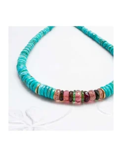 ONE OF A KIND - COLLIER TURQUOISES, TOURMALINES RONDELLES ET ROUES CRENELEES