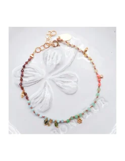 RIO - BRACELET ARC EN CIEL, TOURMALINES VERTES, OPALES JAUNES, LARIMARS, RHODOLITES, CHRYSOPRASES ET CORAIL BAMBOO