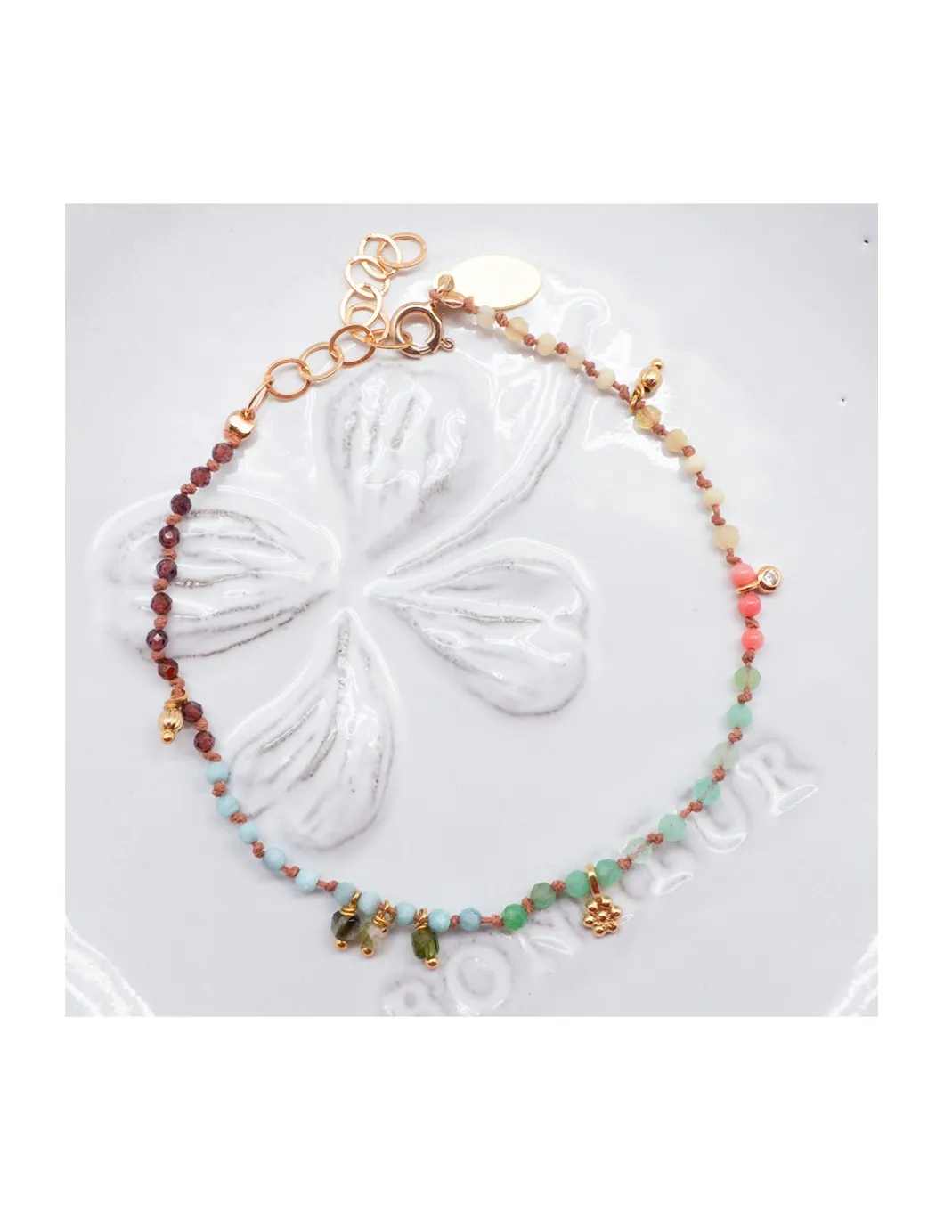 RIO - BRACELET ARC EN CIEL, TOURMALINES VERTES, OPALES JAUNES, LARIMARS, RHODOLITES, CHRYSOPRASES ET CORAIL BAMBOO