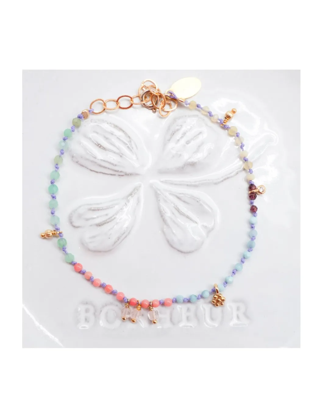 RIO - BRACELET ARC EN CIEL VERSION 4, OPALES JAUNES, LARIMARS, RHODOLITES, CHRYSOPRASES ET CORAIL BAMBOO