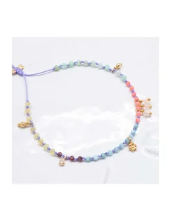 RIO - BRACELET ARC EN CIEL QUARTZ ROSE, OPALES JAUNES, LARIMARS, RHODOLITES, CHRYSOPRASES ET CORAIL BAMBOO SUR CORDON