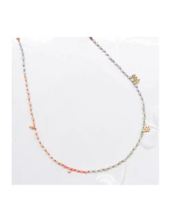 RIO - COLLIER ARC EN CIEL TOURMALINES VERTES, OPALES JAUNES, LARIMARS, RHODOLITES, CHRYSOPRASES ET CORAIL BAMBOO SUR CORDON