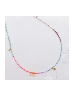 RIO - COLLIER ARC EN CIEL QUARTZ ROSE, OPALES JAUNES, LARIMARS, RHODOLITES, CHRYSOPRASES ET CORAIL BAMBOO SUR CORDON