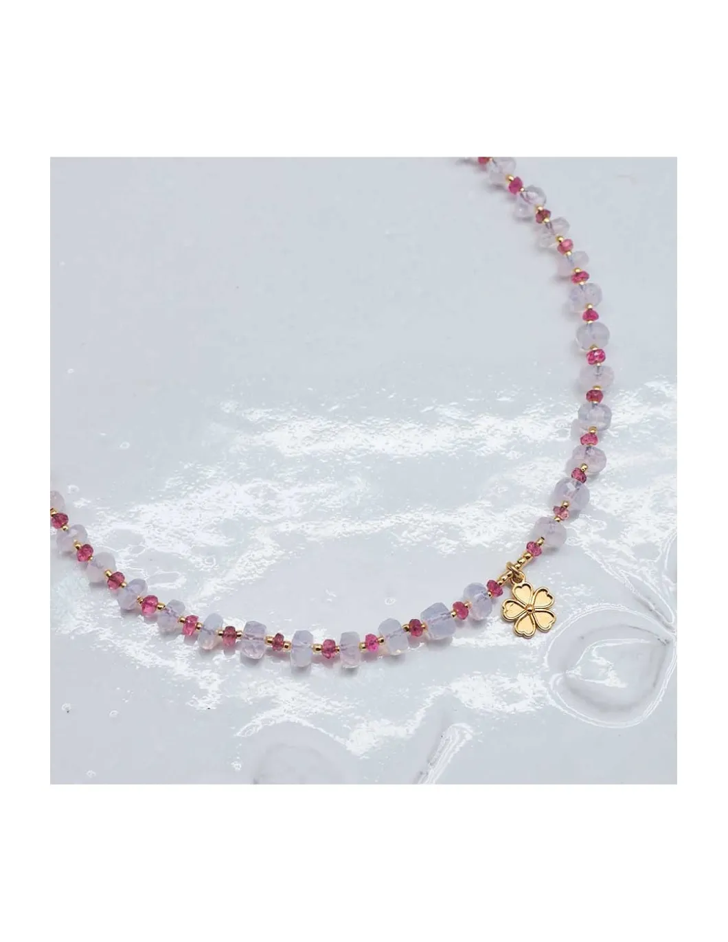 SWEET M - COLLIER TOURMALINES ROSES ET LAVENDER QUARTZ AVEC CHARM FLEUR