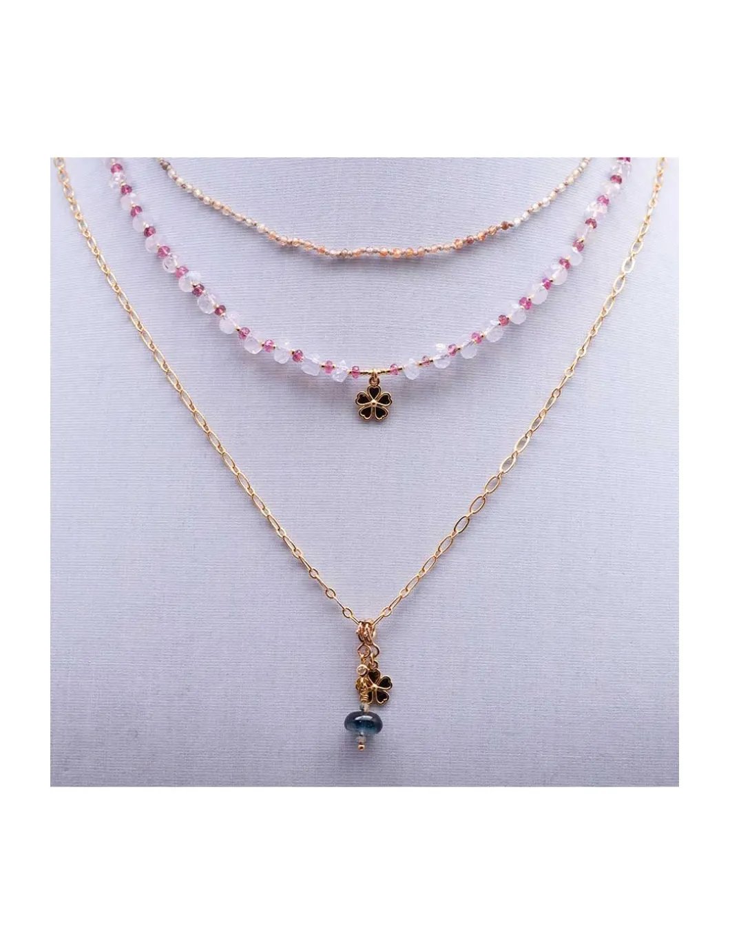 SWEET M - COLLIER TOURMALINES ROSES ET LAVENDER QUARTZ AVEC CHARM FLEUR